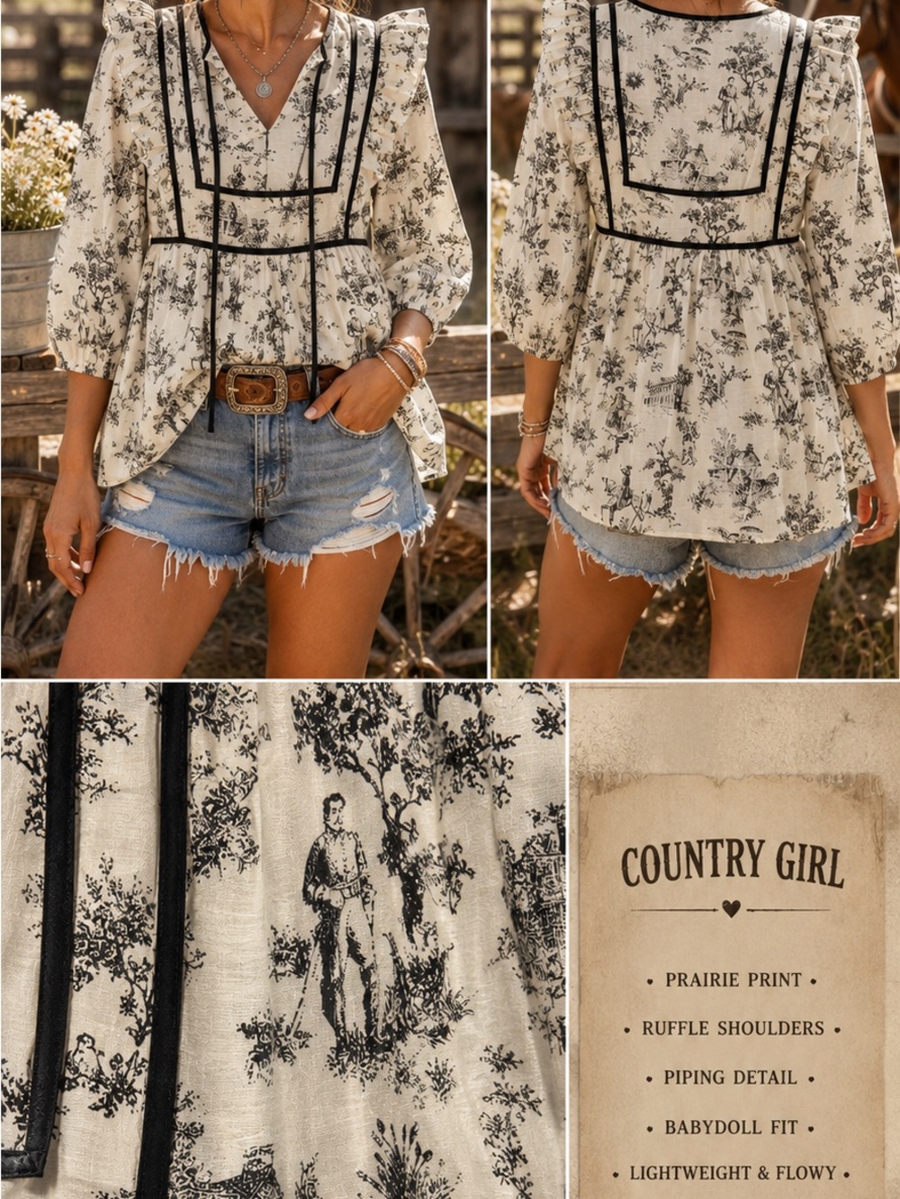 Umgee Prairie Print Babydoll Top in Cream and Black